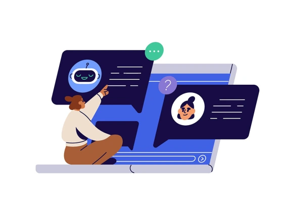 illustration of a woman interacting with AI via chat conversation